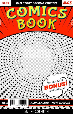 Modèle de bande dessinée. Brochure colorée, couverture rétro du magazine Comics. Page de titre avant de l'art, affiche en pointillé style pop arrière-plan vectoriel récent Illustration de Vecteur