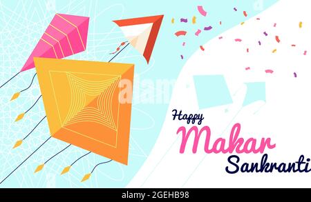 Bannière Makar sankranti. Affiche promotionnelle du festival, cadre de célébration heureux avec cerfs-volants. Dépliant vecteur de fête asiatique indienne Illustration de Vecteur