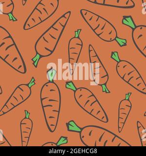 Motif vectoriel sans couture avec contours de carottes sur fond orange. Motif avec carottes dessinées à la main, style dessin animé. Illustration de Vecteur