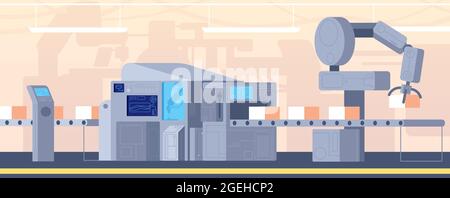Fabriquer un convoyeur. Production informatique, usine moderne avec machine. Technologie industrielle, concept de vecteur de caniveau de processus automatisé intelligent Illustration de Vecteur