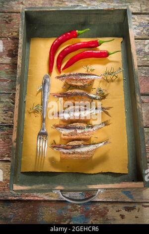 Présentation d'une collation à base d'anchois au Chili et de pain complet Banque D'Images