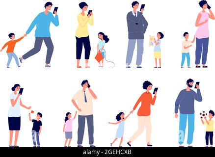 Parents occupés. Stress social, les enfants ont besoin de soins de mère père. Frustration, caricatures adultes ont gadget addiction problèmes ensemble de vecteurs Illustration de Vecteur