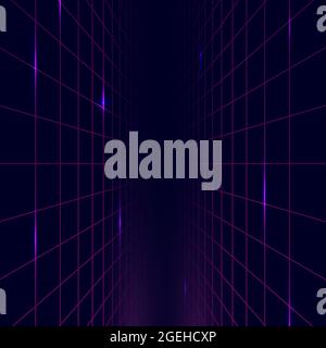Grillage brillant. Paysage futuriste d'architecture de perspective, tunnel abstrait avec des éléments lumineux. Mur de bâtiments, vecteur de stockage des données scientifiques Illustration de Vecteur