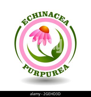 Logo à cercle vectoriel Echinacea Purpurea avec symbole de fleur de pâquerette violet sur un pictogramme rond pour le panneau de cosmétiques biologiques, étiquettes d'étiquetage des aliments naturels et au Illustration de Vecteur