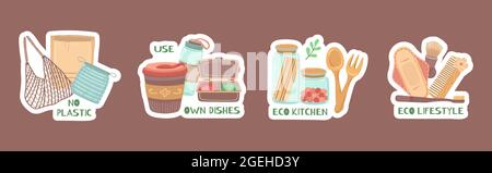 Autocollants zéro déchet. Pot en verre, éléments de cuisine écologiques. Sacs à provisions en papier et ensemble de tasses à café vectorisées réutilisables Illustration de Vecteur