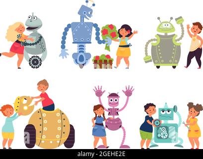 Programmation robot pour enfants. Robots jouets codant, enfant avec des caractères électroniques. Caricature amis, enfants intéressant passe-temps décent ensemble de vecteur Illustration de Vecteur