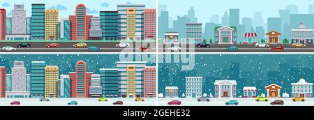 Panorama de la ville. Centre-ville, ville de banlieue sur la route. Jolis bâtiments diverses saisons. Temps neigeux, paysage urbain d'hiver et d'été, voitures sur route vector Illustration de Vecteur