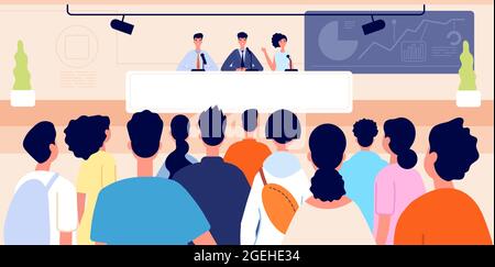 Conférence de presse. Événement d'affaires, salle de congrès avec scène et auditorium. Les gens sur le podium, le public sur la présentation concept de vecteur de la canivité Illustration de Vecteur