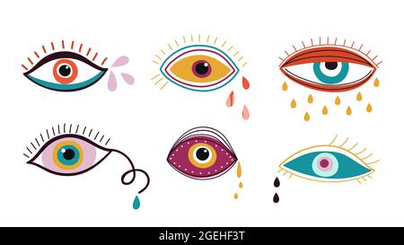 Pleurer les yeux. Un œil abstrait, des gouttes de couleur tombant vers le bas. Décor moderne et tendance composé de vecteurs d'émotions tristes Illustration de Vecteur