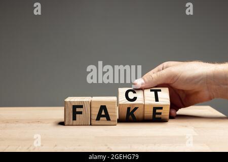 La main masculine fait basculer des cubes en bois avec des mots faux à fait sur une table en bois sur fond gris. CopySpace pour publicité. Banque D'Images