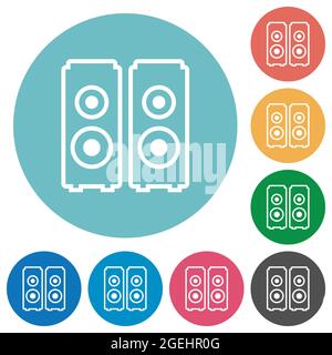 Les haut-parleurs présentent des icônes blanches plates sur des arrière-plans de couleur ronde Illustration de Vecteur