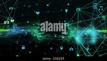 Illustration d'un réseau vert lumineux de connexions et d'icônes de support se déplaçant sur fond noir Banque D'Images