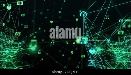 Illustration d'un réseau vert lumineux de connexions et d'icônes de support se déplaçant sur fond noir Banque D'Images