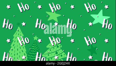 Image du texte ho ho ho avec étoiles et arbres de noël sur fond vert Banque D'Images