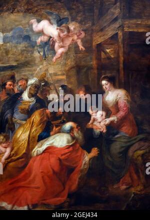 Adoration des Mages par Peter Paul Rubens, huile sur toile, 1634. La peinture est suspendue dans la chapelle King's College, King's College, Cambridge, Cambridgeshire, Angleterre, ROYAUME-UNI Banque D'Images