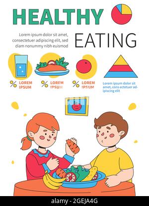 Saine alimentation - affiche colorée de style design plat avec des personnages de dessin animé et un espace de copie pour le texte. Joyeux garçon et fille assis à la table, salle à manger wi Illustration de Vecteur