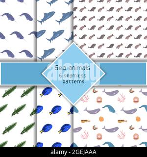Avec six animaux de mer sans coutures, poissons de mer, narraques et requins, corail. Imprimé habitants du monde sous-marin. Collection de vie sous-marine dessinées à la main. Drôle de personnage de dessin animé d'animaux marins Illustration de Vecteur