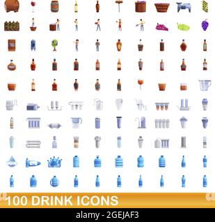 100 icônes de boissons définies. Illustration de dessin animé de 100 icônes de boisson vecteur isolé sur fond blanc Illustration de Vecteur