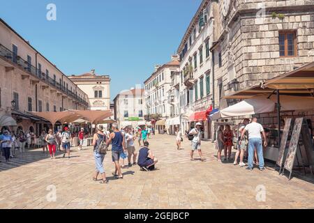 KOTOR, MONTENEGRO - AUGUST 24, 2017: View of the Arms Square in the Old Town of Kotor. Kotor is a city on the coast of Montenegro and is located in Ko Stock Photo