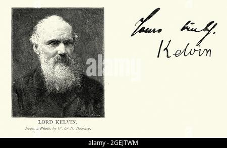 Gravure vintage de Portrait et autographe de William Thomson, 1er baron Kelvin, physicien et ingénieur de mathématiques britannique né à Belfas Banque D'Images