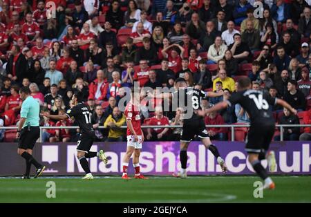 Bristol, Royaume-Uni. 20 août 2021. 20 août 2021; Ashton Gate Stadium, Bristol, South Gloucestershire, Angleterre; EFL Championship football, Bristol City versus Swansea ; Joel Pirroe de Swansea City célèbre le but de l'ahis en 19th minute 0-1 Credit: Action plus Sports Images/Alay Live News Banque D'Images