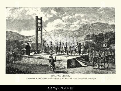 Illustration vintage du gibbet de Halifax, exécution publique, XVIIe siècle. Le gibbet de Halifax était une guillotine précoce utilisée dans la ville de Halifax, West y Banque D'Images