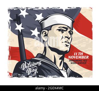 Silhouette d'un marin avec un fusil sur le fond du drapeau national américain. Bonne journée des anciens combattants. Illustration de Vecteur