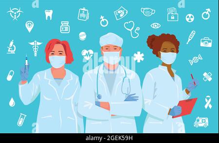 Groupe de médecins et d'infirmières sur fond bleu avec icônes médicales. Illustration de Vecteur