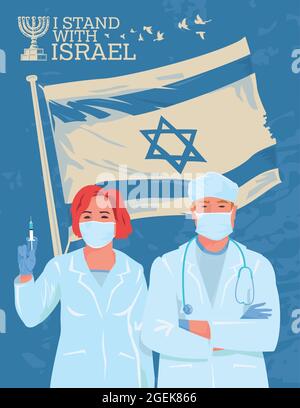 Une jeune équipe de travailleurs médicaux d'hôpital et un médecin de clinique sur le fond du drapeau national d'Israël. Illustration de Vecteur