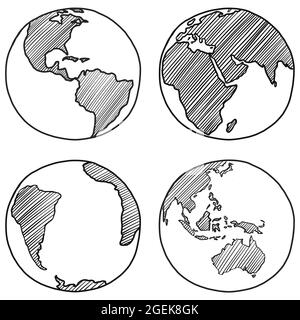 Ensemble de globes différentes vues de la Terre Doodle dessin vectoriel à la main Illustration de Vecteur