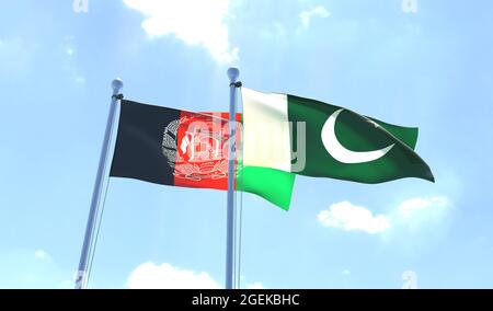 Afghanistan et Pakistan, deux drapeaux agitant contre le ciel bleu. image 3d Banque D'Images