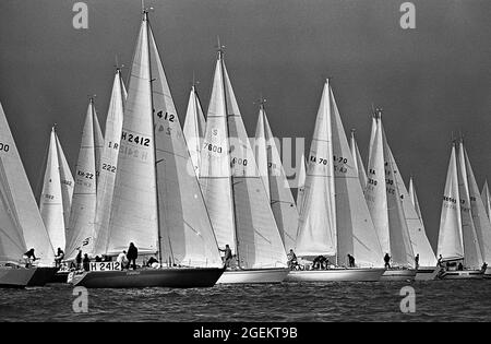 AJANETPHOTO. 1977. SOLENT, ANGLETERRE. - FLOTTE DE COUPE DE L'AMIRAL - VOILES MASSÉES AU DÉBUT D'UNE COURSE CÔTIÈRE. PHOTO:JONATHAN EASTLAND/AJAX REF:770408 6A 18 Banque D'Images