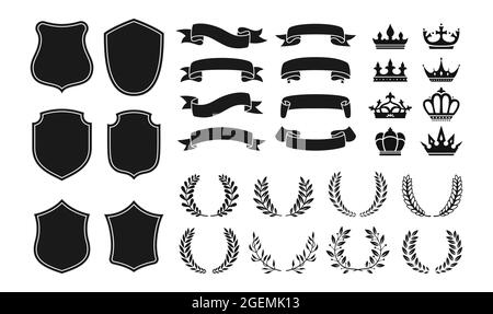 Ensemble d'icônes Heraldry vintage. Blason couronne différente, ruban et couronne de Laurier pour blason. Divers boucliers de chevalier royal décoratif ou emblèmes vecteur Illustration de Vecteur