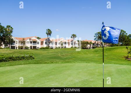 Florida Port St.Saint Lucie, PGA Village Pine Valley Perfect Drive Golf Villas, parcours de golf drapeau trou vert, Banque D'Images