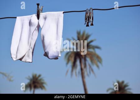 Chaussettes blanches accrochées au fil, ciel bleu et palmier à l'arrière-plan Banque D'Images