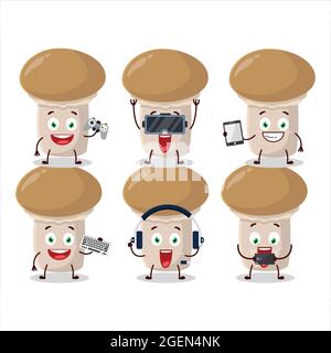 Le personnage de dessin animé de chammignon joue à des jeux avec diverses émoticônes mignons. Illustration vectorielle Illustration de Vecteur
