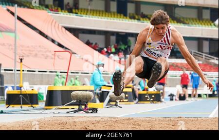 Nairobi, Kenya. 20 août 2021. Jef Misplon, de Belgique, participe au long saut en décathlon masculin aux Championnats du monde d'athlétisme U20 2021 à Nairobi, Kenya, le 20 août 2021. Credit: Zhang Yu/Xinhua/Alay Live News Banque D'Images