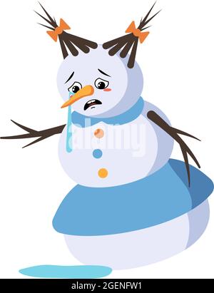 Mignonne de neige de Noël avec des pleurs et des larmes, une émotion, un visage triste, des yeux dépressifs, des bras et des jambes. Joyeux nouvel an décoration de fête avec expression de dépression Illustration de Vecteur