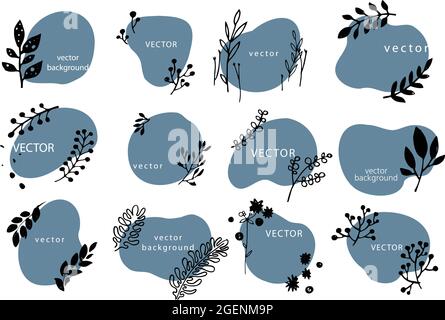 Botanique et flore sur des bannières avec espace de copie et décor minimaliste de fleurs. Des blots abstraits isolés ou des formes, des branches et des brindilles avec fleurs et b Illustration de Vecteur