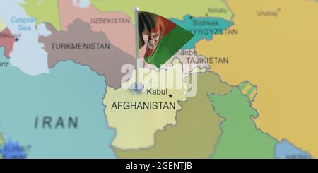 Drapeau de l'Afghanistan sur la carte de l'atlas mondial. Symbole de la République islamique d'Afganistan. illustration 3d. Banque D'Images