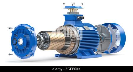 Pièces et structure de moteur électrique isolées sur fond blanc. illustration 3d Banque D'Images