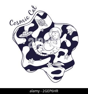 Cosmonaut chat mignon embrassant une page de coloriage d'étoile.Croquis d'astronaute animal dessiné à la main pour le logo, le livre de coloriage et la décoration de la garderie, tees graphiques pour enfants, imprimés, autocollants Illustration de Vecteur