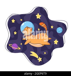 Illustration de l'astronaute Cat dans un dessin-modèle spatial.Joli imprimé dessiné à la main avec animal cosmique volant dans la galaxie pour enfants tees graphiques, imprimés, logo, livre de coloriage et décoration de pépinière Illustration de Vecteur