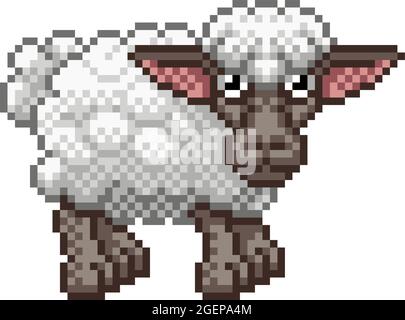 Mouton Pixel Art Farm Animal jeu vidéo Cartoon Illustration de Vecteur