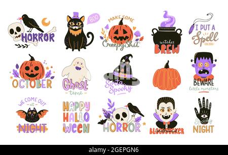 Collection de jolis imprimés typographiques Halloween. Éléments de décoration effrayants. Symboles et lettres d'Halloween dessinés à la main. Illustration de vacances Vector. Illustration de Vecteur