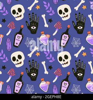 Motif Halloween sans couture avec symbole de main ésotérique, crâne, bouteille de poison et cristaux. Illustration de vecteur effrayante mignonne. Illustration de Vecteur