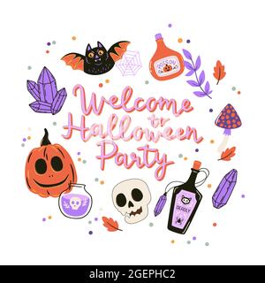 Joli imprimé Halloween avec éléments de dessin animé et lettres. Bienvenue à la fête d'Halloween. Illustration dessinée à la main pour les décorations de vacances, motif poster. Illustration de Vecteur