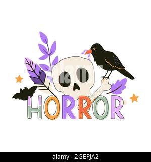 Imprimé Halloween corbeau, crâne et os. Illustration vectorielle dessinée à la main et lettrage. Affiche d'Halloween, bannière, décorations de fête. Illustration de Vecteur
