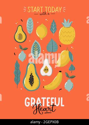 Magnifique imprimé typographique avec des fruits exotiques et des feuilles sur fond lumineux. Illustrations vectorielles dessinées à la main et lettrage. Illustration de Vecteur