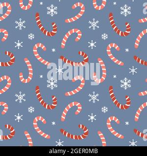 Motif de Noël sans couture avec Cannes en sucre et flocons de neige. Un cadre de fête mignon. Illustration vectorielle dessinée à la main. Texture infinie des fêtes. Illustration de Vecteur